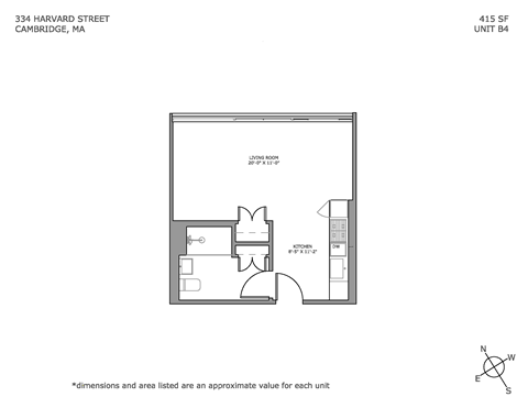 Floor plan for studio, 1 bath, 392 sqft